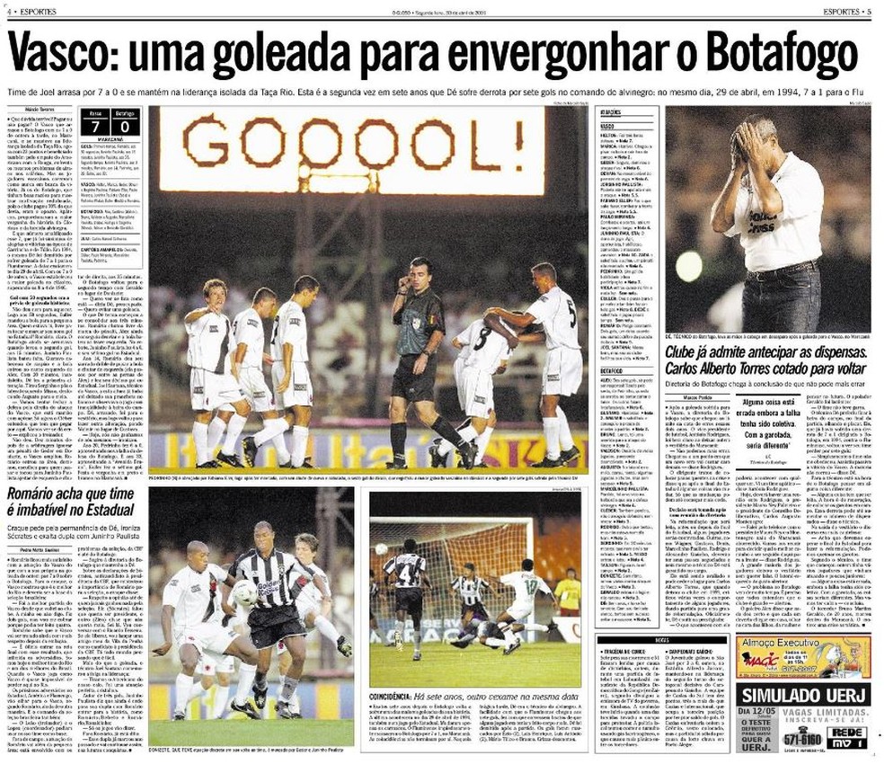 Vasco goleia o Botafogo por 7 a 0 em 2001 — Foto: Acervo O Globo