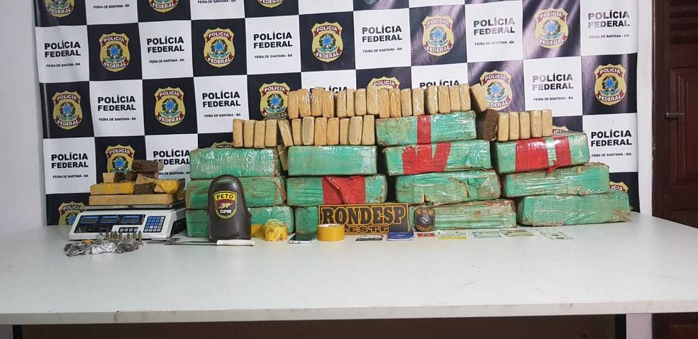 Uma mulher foi presa apÃ³s apÃ³s o cÃ£o farejador da polÃ­cia encontrar 160 Kg de maconha na casa onde ela estava,na cidade de Santo EstevÃ£o, distante 150 km de Salvador, na terÃ§a-feira (2). â€” Foto: SSP-BA / DivulgaÃ§Ã£o 