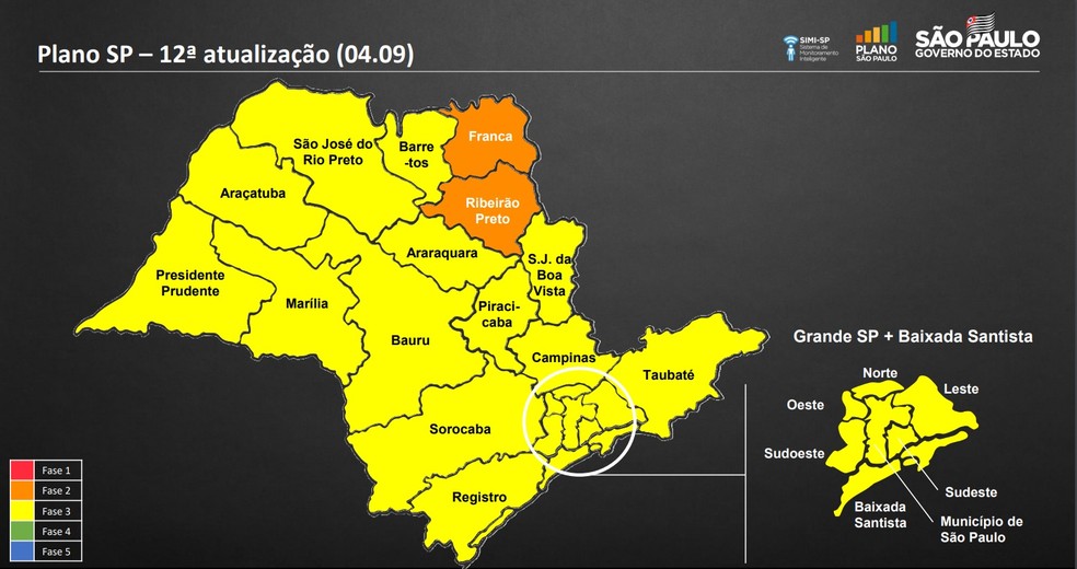 Mapa da 12ª atualização do Plano SP — Foto: Governo do Estado de São Paulo