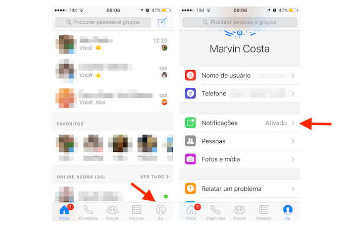 Acessando as opções para notificações do Facebook Messenger no iPhone (Foto: Reprodução/Marvin Costa)