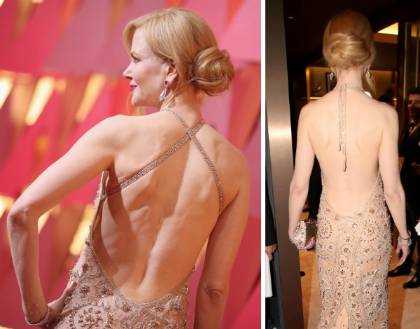 O vestido da atriz Nicole Kidman quando ela chegou no Oscar e em sua saída do evento (Foto: Getty Images)