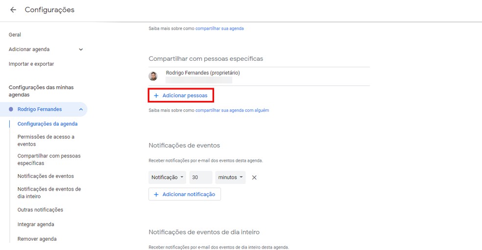 Opção para adicionar pessoas à sua agenda do Google — Foto: Reprodução/Rodrigo Fernandes