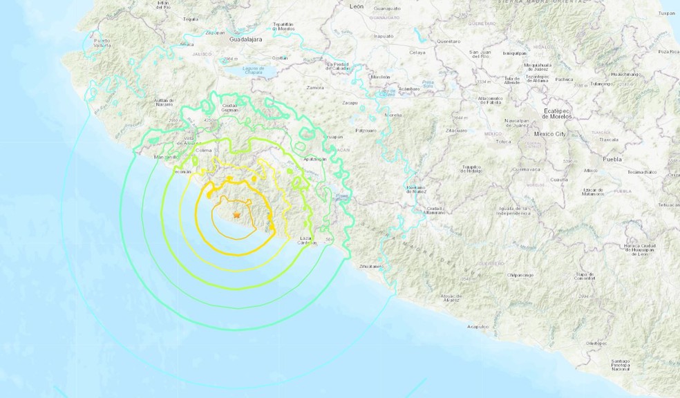 Mapa mostra epicentro do terremoto que atingiu a costa oeste do México — Foto: Reprodução/USGS