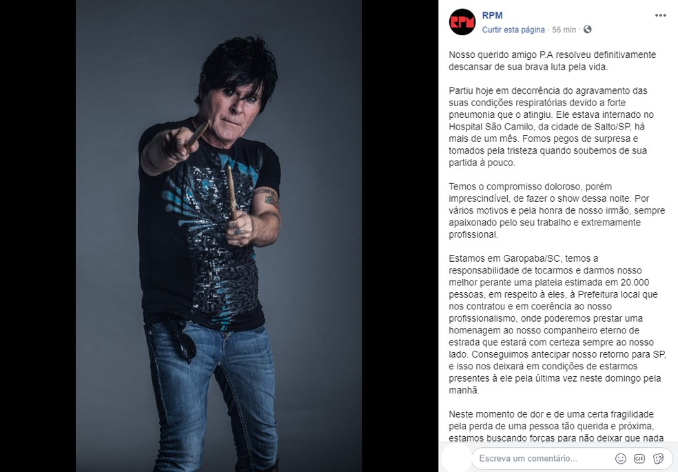 Banda RPM publicou nota sobre falecimento do músico Paulo Pagni — Foto: Facebook/Reprodução