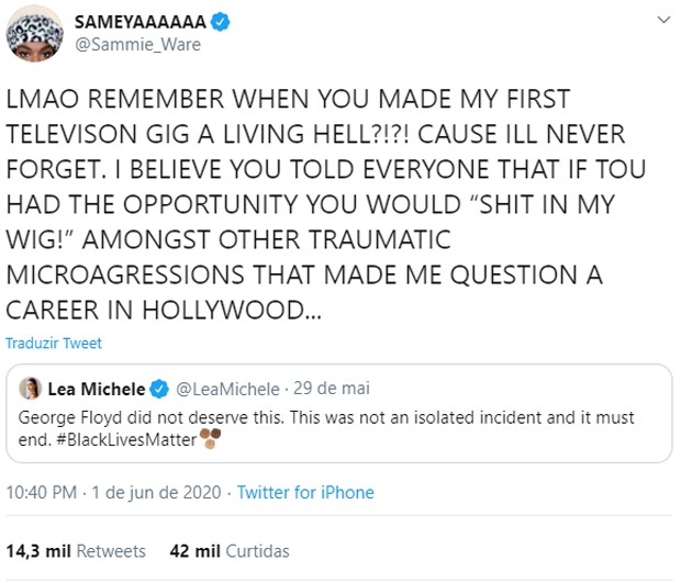 Samantha Marie Ware acusa Lea Michele de racismo na época de Glee (Foto: Reprodução/Twitter)