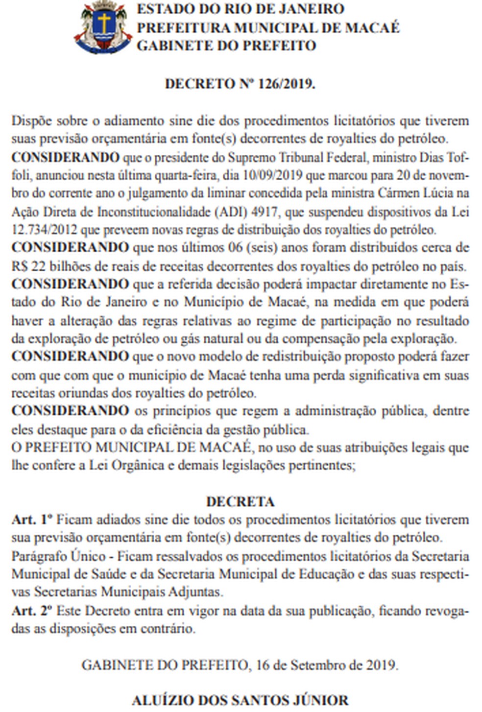 Decreto que suspende todos procedimentos licitatórios  — Foto: Divulgação/Prefeitura de Macaé