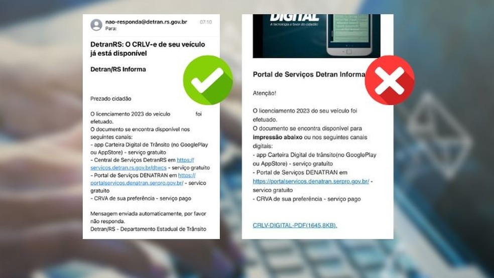 Imagem divulgada pelo Detran RS mostra a mensagem original e o e-mail falsificado usado pelos golpistas — Foto: Reprodução/Detran RS