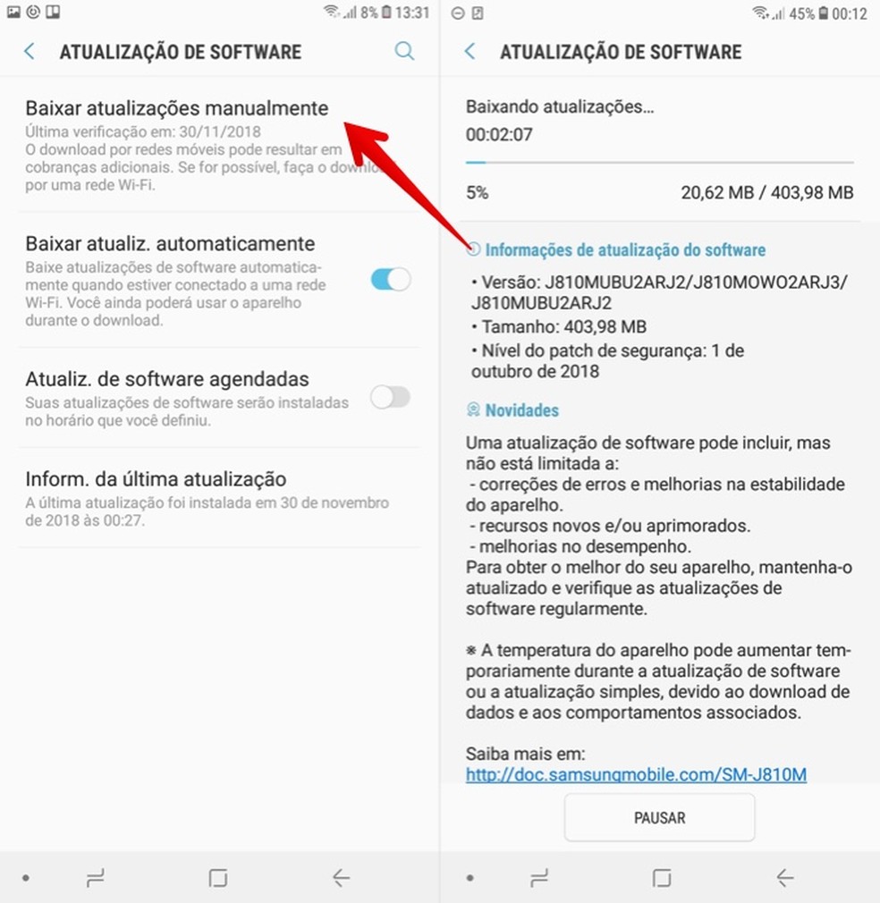 Verifique por atualizações manualmente no Galaxy J8 — Foto: Reprodução/Helito Beggiora