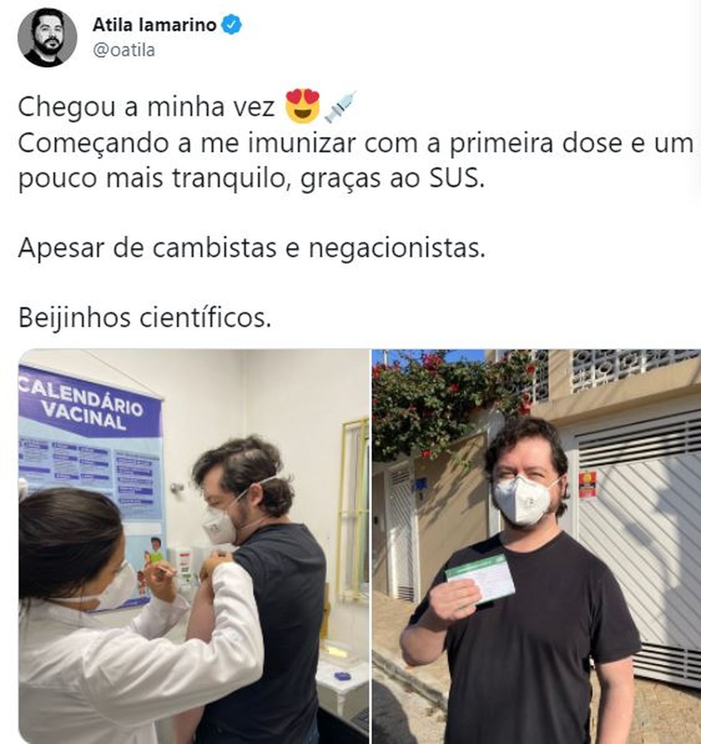 Átila Iamarino toma 1ª dose da vacina contra a Covid-19 em SP — Foto: Reprodução