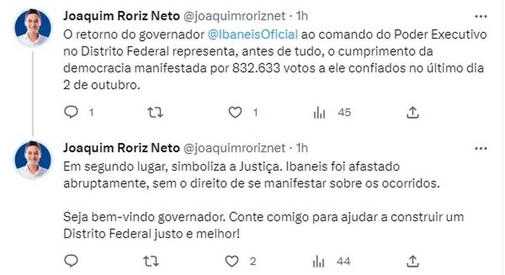 Deputado Joaquim Roriz Neto faz publicação comentando volta de Ibaneis Rocha ao governo de Brasília — Foto: Reprodução/Twitter