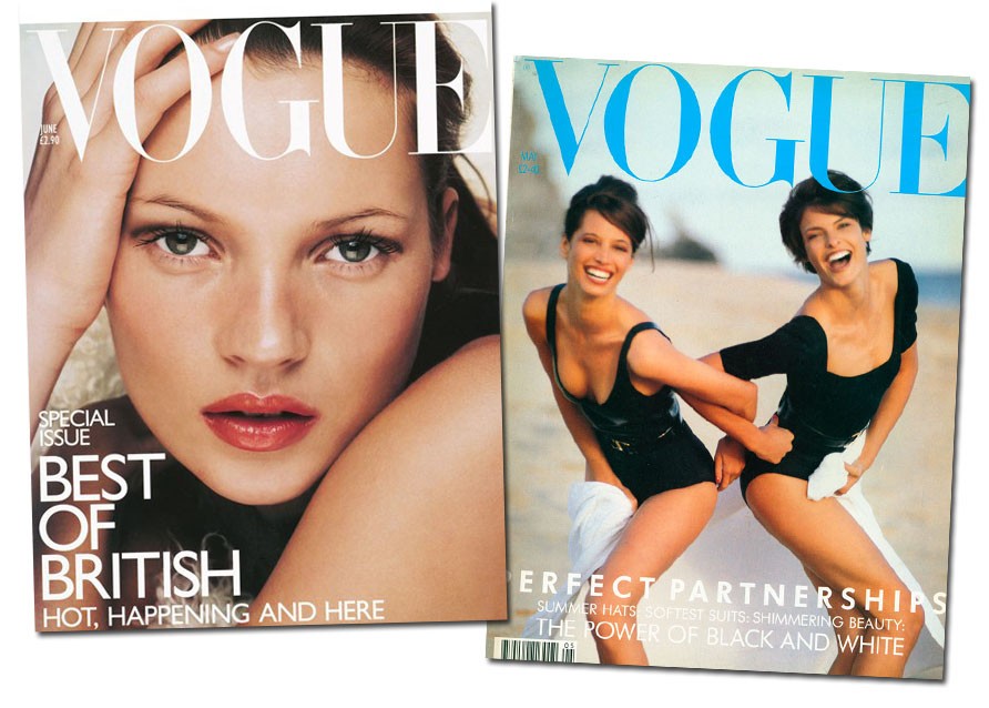 Kate Moss e Linda Evangelista no início da carreira nas capas da Vogue britânica, sob direção de Anna Harvey (Foto: Divulgação)