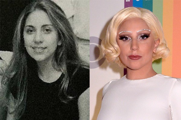 Stefani Germanotta, mais conhecida como Lady Gaga, pode não ter mudado muito fisicamente, mas o uso de perucas, roupas e maquiagens extravagantes faz com que ela fique irreconhecível perto da aparentemente tímida moça de seu anuário (Foto: Reprodução e Getty Images)