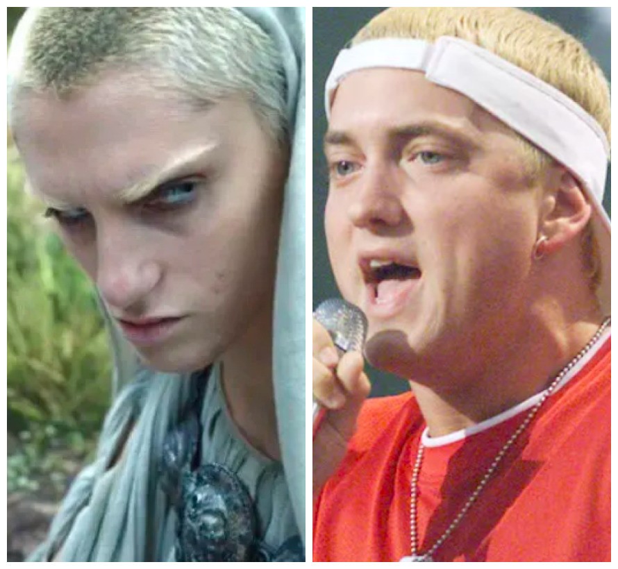 O ator Anson Boom, como o vilão Sauron em O Senhor dos Anéis: Os Anéis do Poder, e o rapper Eminem (Foto: Reprodução/Getty Images)