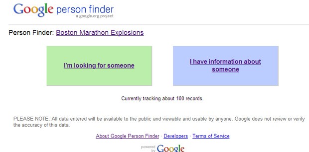 Na página inicial, há dois botões: à esquerda para encontrar pessoas e à direita para fornecer informações sobre indivíduos (Foto: Reprodução/Google Person Finder)