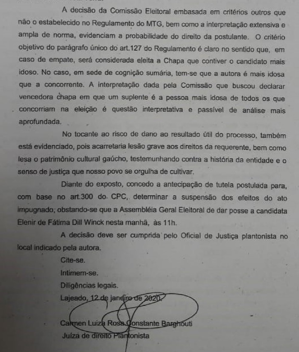 Decisão da juíza de plantão Carmem Luiza Rosa Constante Barghouti. — Foto: Reprodução