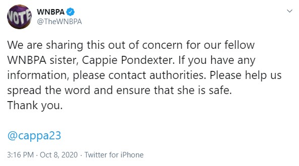 Postagem da Associação das jogadoras da WNBA pedindo ajuda nas buscas por Cappie (Foto: reprodução Twitter)