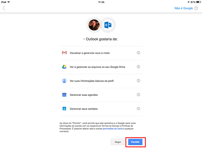 Gmail perguntará se usuário deseja dar acesso à conta ao Outlook (Foto: Reprodução/Elson de Souza)