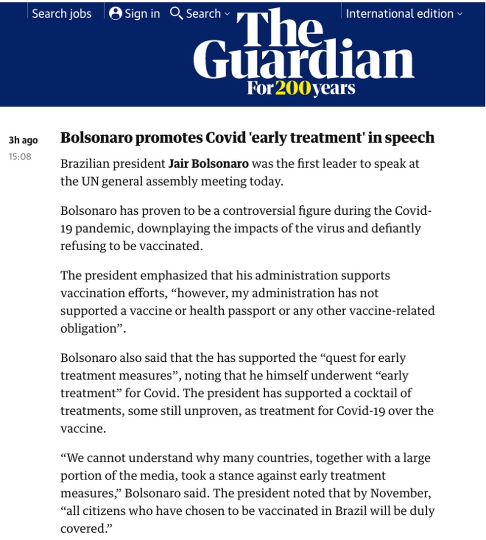 Bolsonaro promove o 'tratamento precoce' da Covid no discurso — Foto: Reprodução/The Guardian