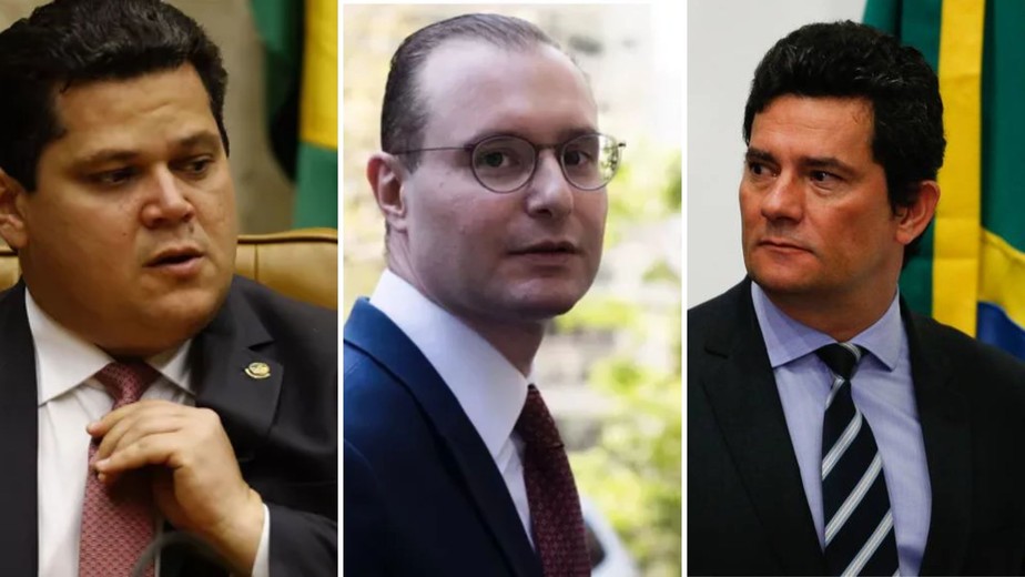 Os senadores Davi Alcolumbre e Sergio Moro, e o advogado Cristiano Zanin (ao centro)