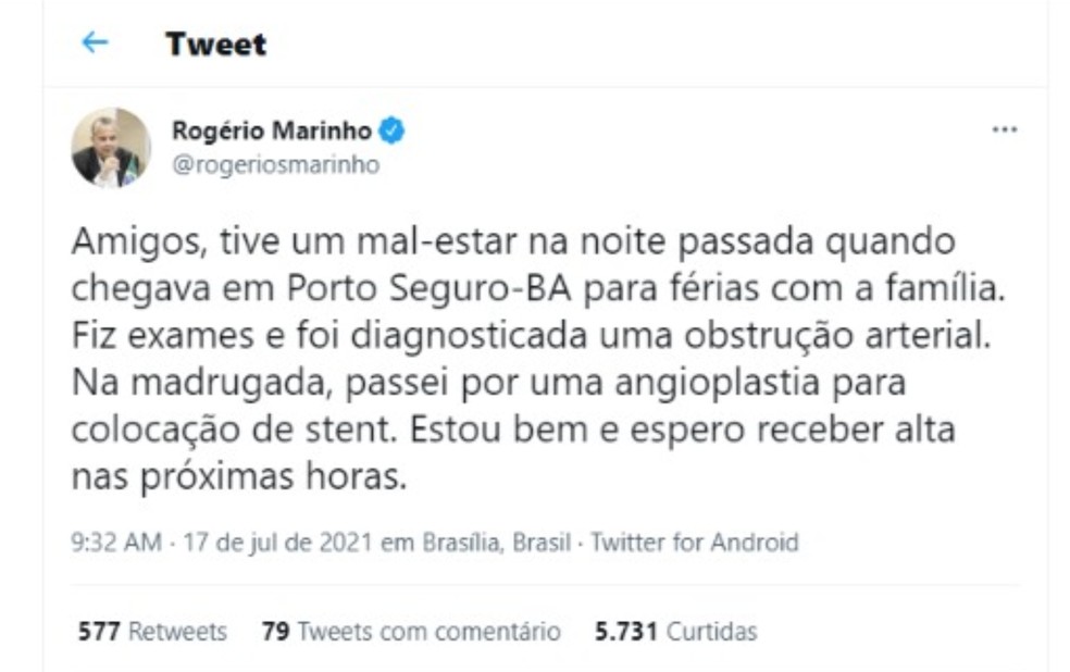 Ministro comentou sobre o ocorrido nas redes sociais e disse que passa bem. — Foto: Reprodução
