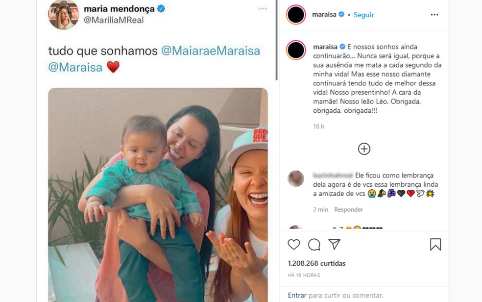 Maraisa faz publicação dizendo que vai ajudar a cuidar do filho de Marília Mendonça — Foto: Reprodução/Instagram