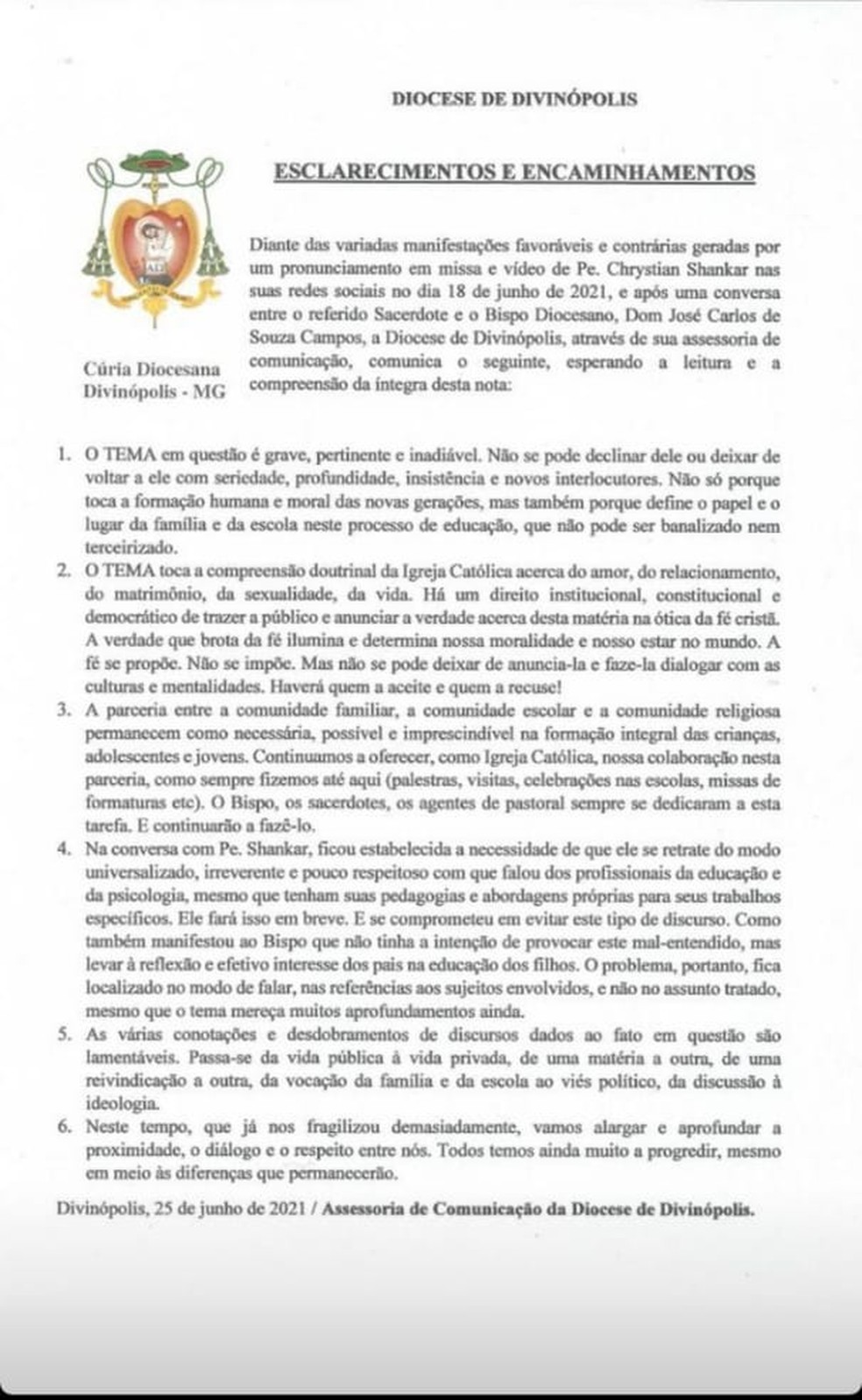 Retratação da Diocese de Divinópolis — Foto: Redes sociais/reprodução