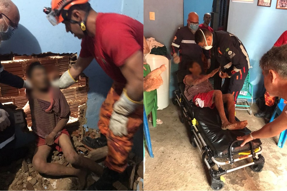 Bombeiros precisaram quebrar parede para retirar idoso que ficou preso por horas em Fortaleza — Foto: Corpo de Bombeiros/Reprodução