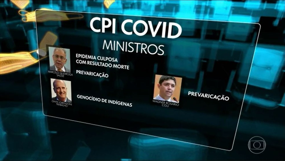 Os ministros Marcelo Queiroga, Onyx Lorenzoni e Wagner Rosário também devem ser alvo de pedidos de indiciamento. — Foto: Reprodução/TV Globo