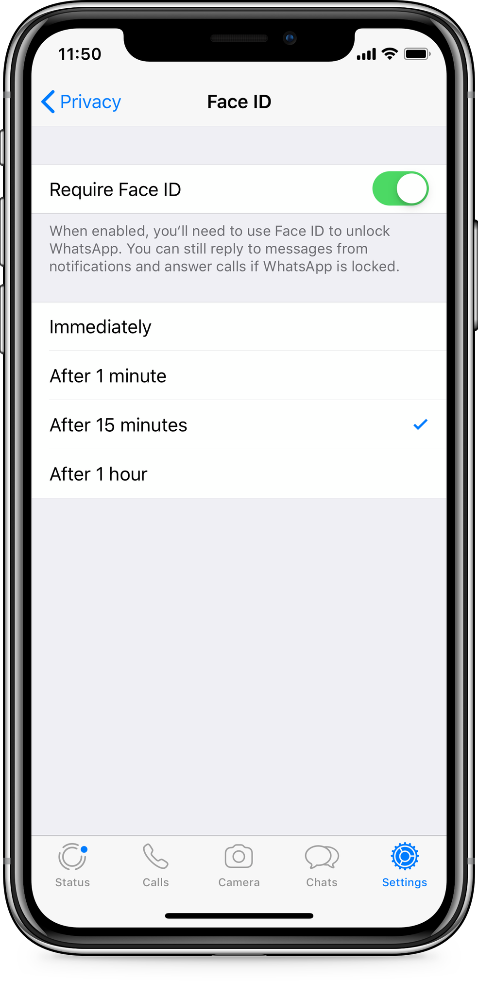 Em aparelhos iPhone é possível ativar a função de bloqueio do WhatsApp com acesso biométrico. — Foto: Reprodução/WhatsApp