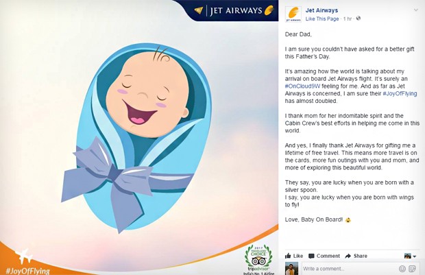 Jet Airways anunciou o presente pelas redes sociais (Foto: Reprodução/Facebook)