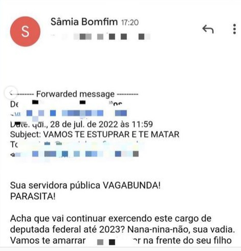 A deputada SÃ¢mia Bomfim recebeu e-mail com ameaÃ§as de morte e estupro, alÃ©m de sinalizaÃ§Ã£o nazista â Foto: DivulgaÃ§Ã£o