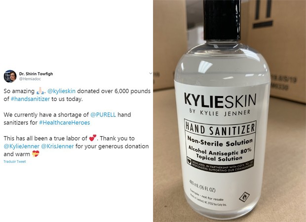 Kylie Jenner desenvolveu sanitizador para as mãos e enviou para profissionais de saúde (Foto: Reprodução / Twitter)