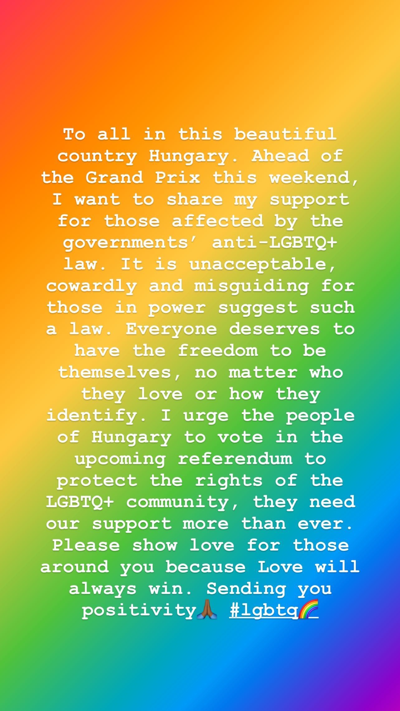 Lewis Hamilton defent comunidade LGBTQIA+ por homofobia do governo da Hungria (Foto: Reprodução/Instagram)