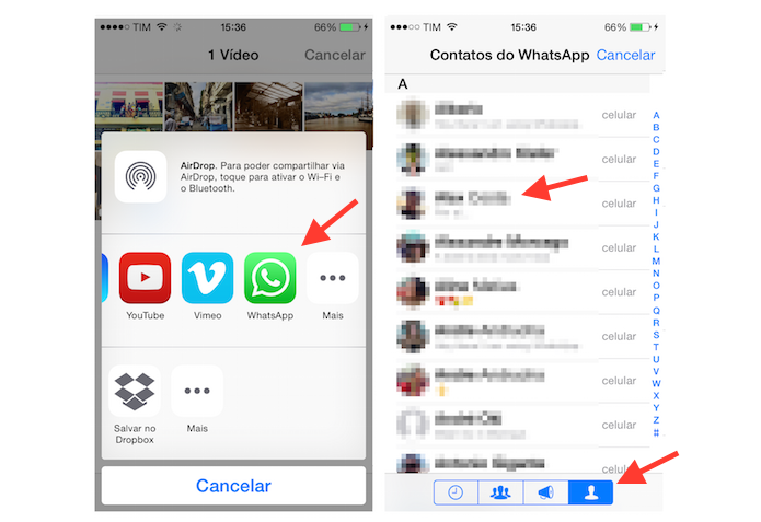Escolhendo o amigo do WhatsApp que vai enviar um vídeo através da ferramenta de compartilhamento do iPhone (Foto: Reprodução/Marvin Costa)