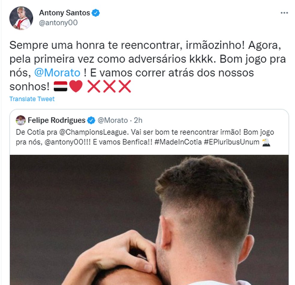 Antony manda recado para Morato, ex-São Paulo, nas redes sociais — Foto: Reprodução