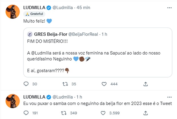 Ludmilla é anunciada como a nova intérprete da Beija-Flor de Nilópolis (Foto: Reprodução/Twitter)
