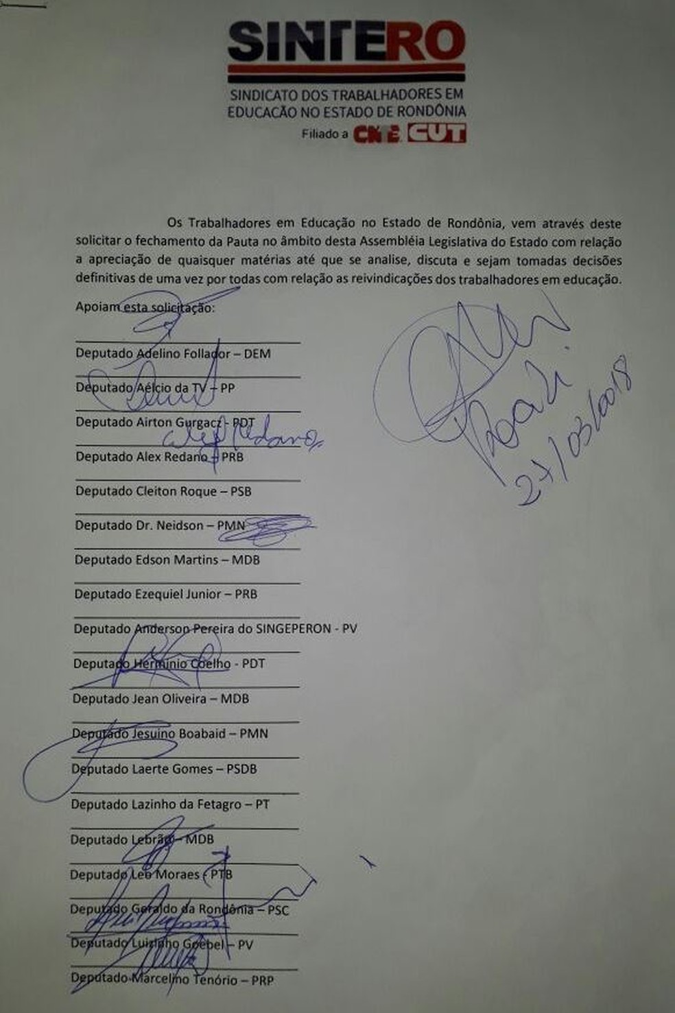Documento assinado pelos deputados, divulgado pelo Sintero (Foto: Sintero)