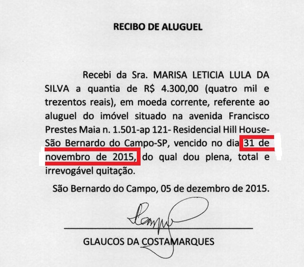  Recibo anexado pela defesa do ex-presidente Lula cita 31 de novembro de 2015 (Foto: Reprodução)