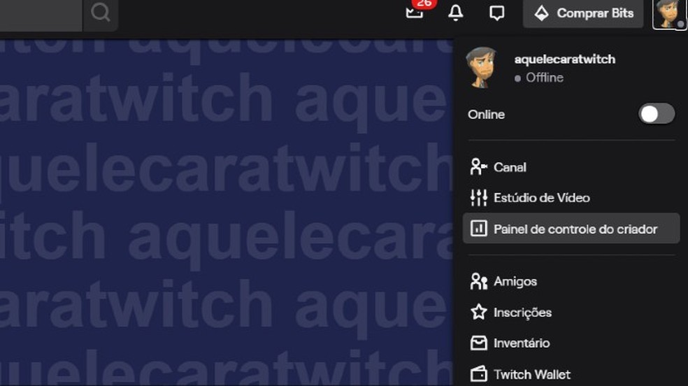 Acesse o Painel de Controle do Criador no canto superior direito da Twitch — Foto: Reprodução/Thomas Schulze