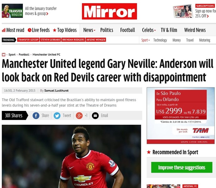 Anderson Daily Mail Gary Neville Manchester United Inter (Foto: Reprodução)