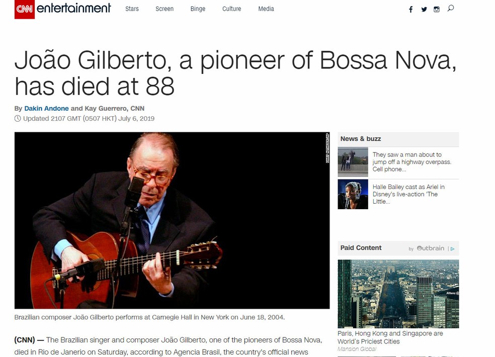 Notícia da morte de João Gilberto na CNN — Foto: Reprodução/CNN