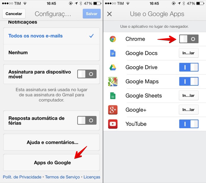 Desativando integração do Gmail com o Chrome (Foto: Reprodução/Helito Bijora) 