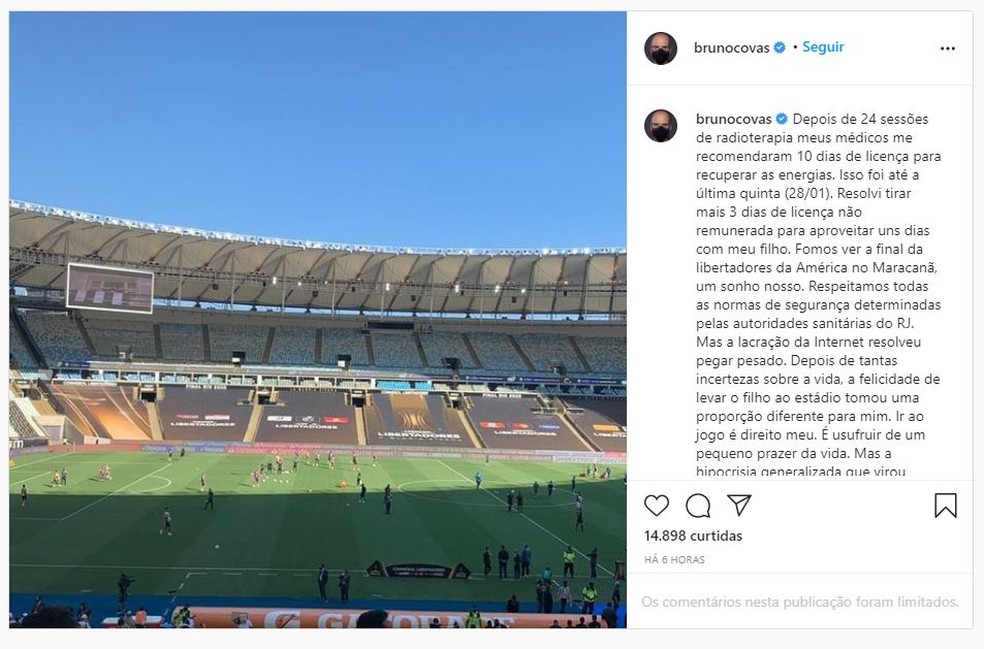 Postagem de Bruno Covas sobre ida ao Maracanã durante licença da prefeitura. — Foto: Reprodução/Instagram 