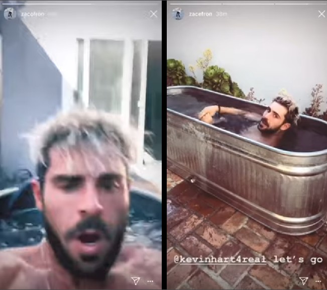 O ator Zac Efron tomando um banho gelado após sua malhação (Foto: Instagram)