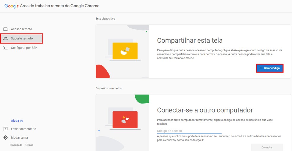 Extensão Chrome Remote Desktop gera código para compartilhar tela — Foto: Reprodução/Rodrigo Fernandes