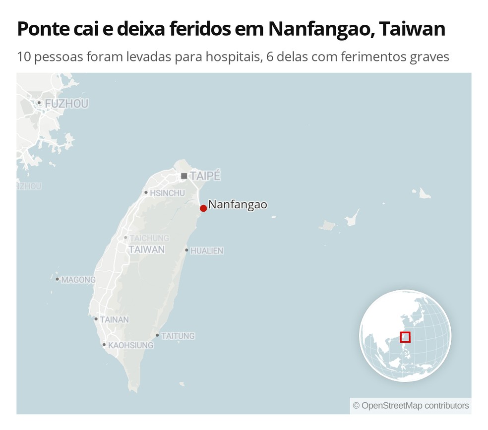 Ponte cai e deixa feridos em Nanfangao, Taiwan — Foto: Lara Pinheiro/G1