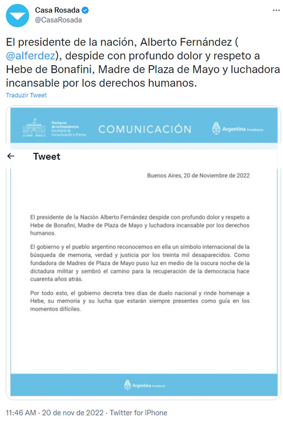 Tuíte de carta do presidente da Argentina Alberto Fernández — Foto: Reprodução/Twitter