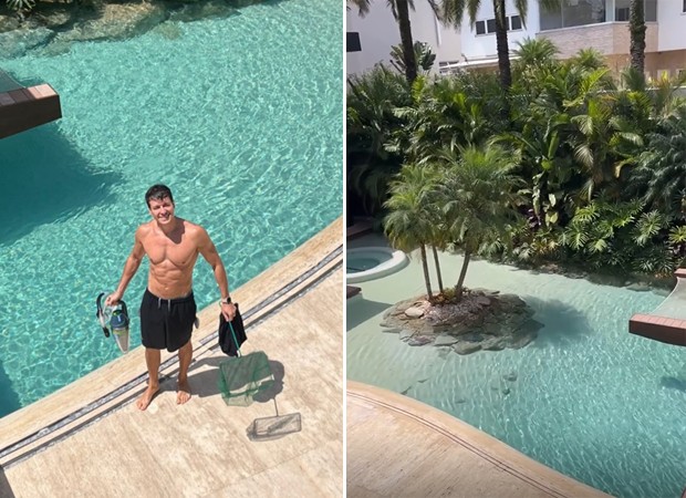 Rodrigo Faro limpa piscina de mansão (Foto: Reprodução Instagram)