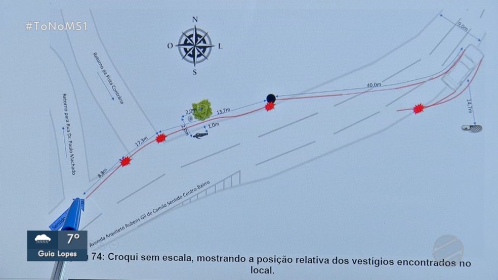 Os pontos vermelhos no croqui do acidente mostram os locais em que o veículo dirigido por Rafael colidiu  — Foto: Perícia MS/Reprodução