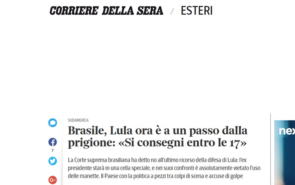 Jornal italiano 'Corriere Della Sera' informa que Lula deve se entregar até as 17 horas de sexta-feira (Foto: Reprodução/Corriere Della Sera)